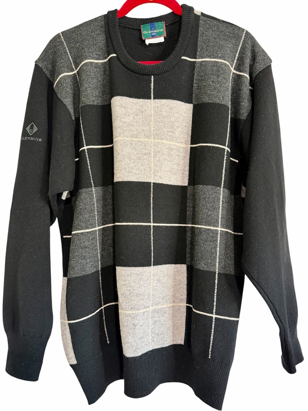 Glenmuir 1891 Men's Wool Crewneck Sweater Black Geometric Large Made in Scotland